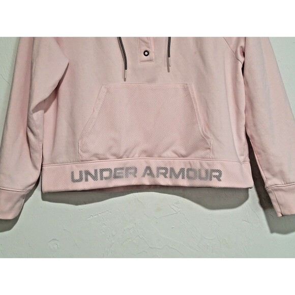 Under Armour Women Size Large Pink Loose Fit Rival Fleece Mesh Hoodie Athleisure - Picture 4 of 6